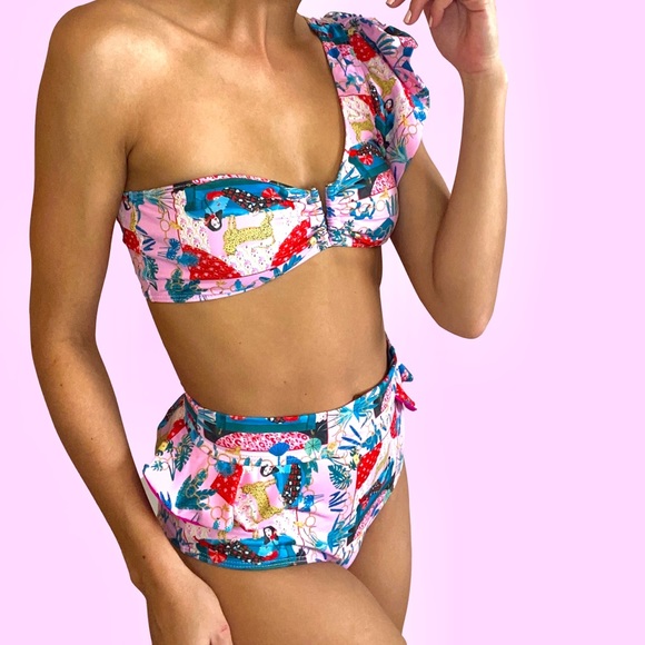 One-Shoulder Ruffle Bikini Set | Tropical High-Waisted | Size M - Picture 2 of 8